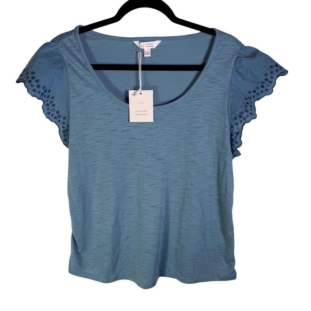 LC Lauren Conrad Women Large Scrub Blue Eyelet Flutter Sleeve Mixed Media Top